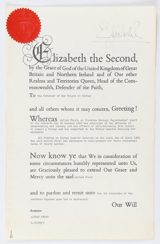 Queen Elizabeth II Signed 1960's Royal Pardon Letter