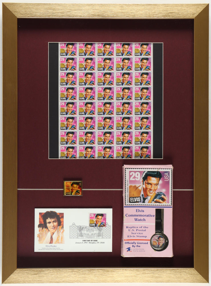 Elvis Presley Custom Framed Uncut Stamp Sheet Display With Stamp Release Pin, First Day Of Issue Envelope & Watch