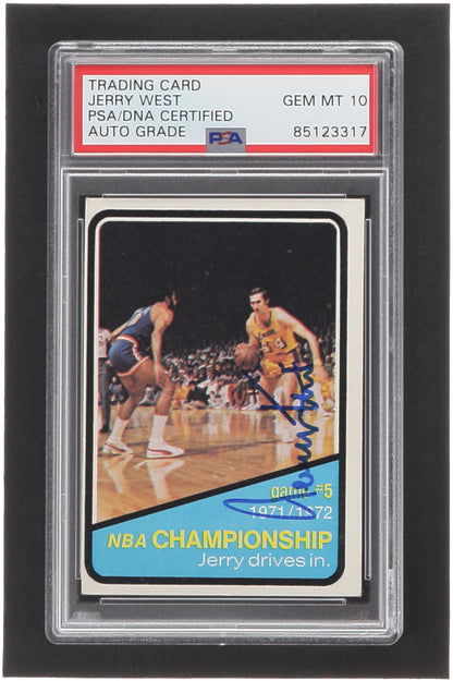 Jerry West Signed 1972-73 Topps #158 Playoffs G5 (PSA | Auto 10)