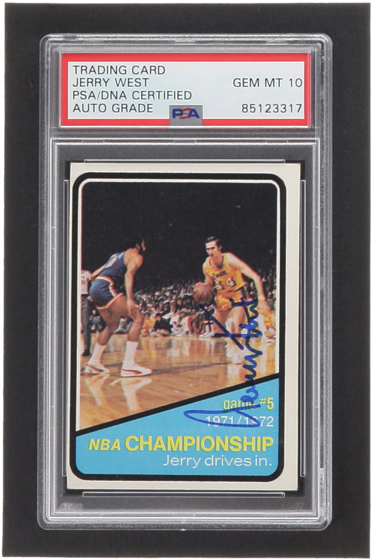 Jerry West Signed 1972-73 Topps #158 Playoffs G5 (PSA | Auto 10)