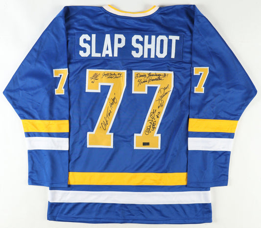 "Slap Shot" Jersey Signed By (5) with Jeff Carlson, Dave Hanson, Allan F. Nicholls, Inscribed "Old Time Hockey" With Character Name Inscription