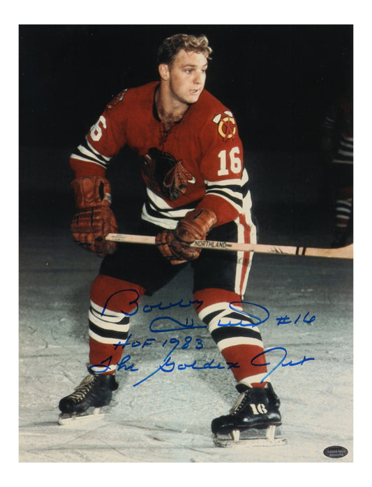 Bobby Hull Signed Blackhawks 11x14 Photo Inscribed "HOF 1983" & "The Golden Jet"