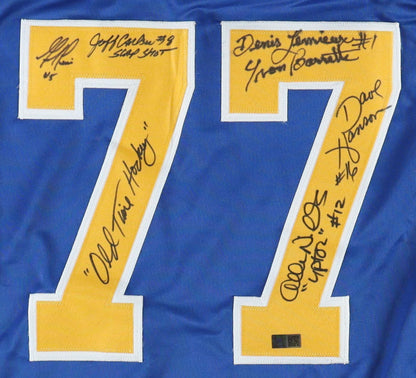 "Slap Shot" Jersey Signed By (5) with Jeff Carlson, Dave Hanson, Allan F. Nicholls, Inscribed "Old Time Hockey" With Character Name Inscription