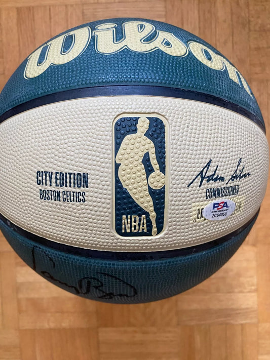 Larry Bird Signed NBA Celtics Basketball With Matching Green Display Stand (PSA Authenticated)