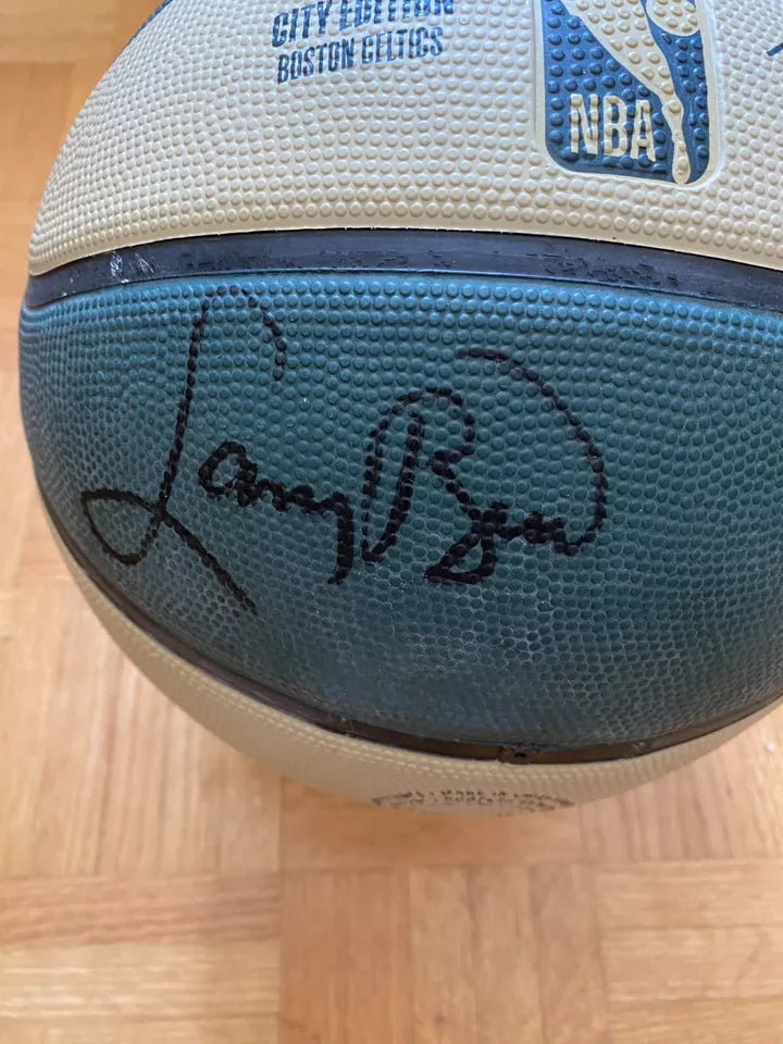 Larry Bird Signed NBA Celtics Basketball With Matching Green Display Stand (PSA Authenticated)