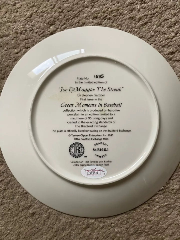 Joe DiMaggio signed plate. JSA Authenticated