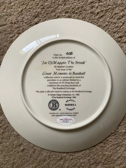 Joe DiMaggio signed plate. JSA Authenticated