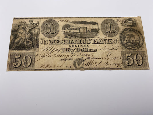 United States 1853 Mechanics Bank of Augusta $50, 2 Signatures S/N: 264-B. - Niks And Knacks