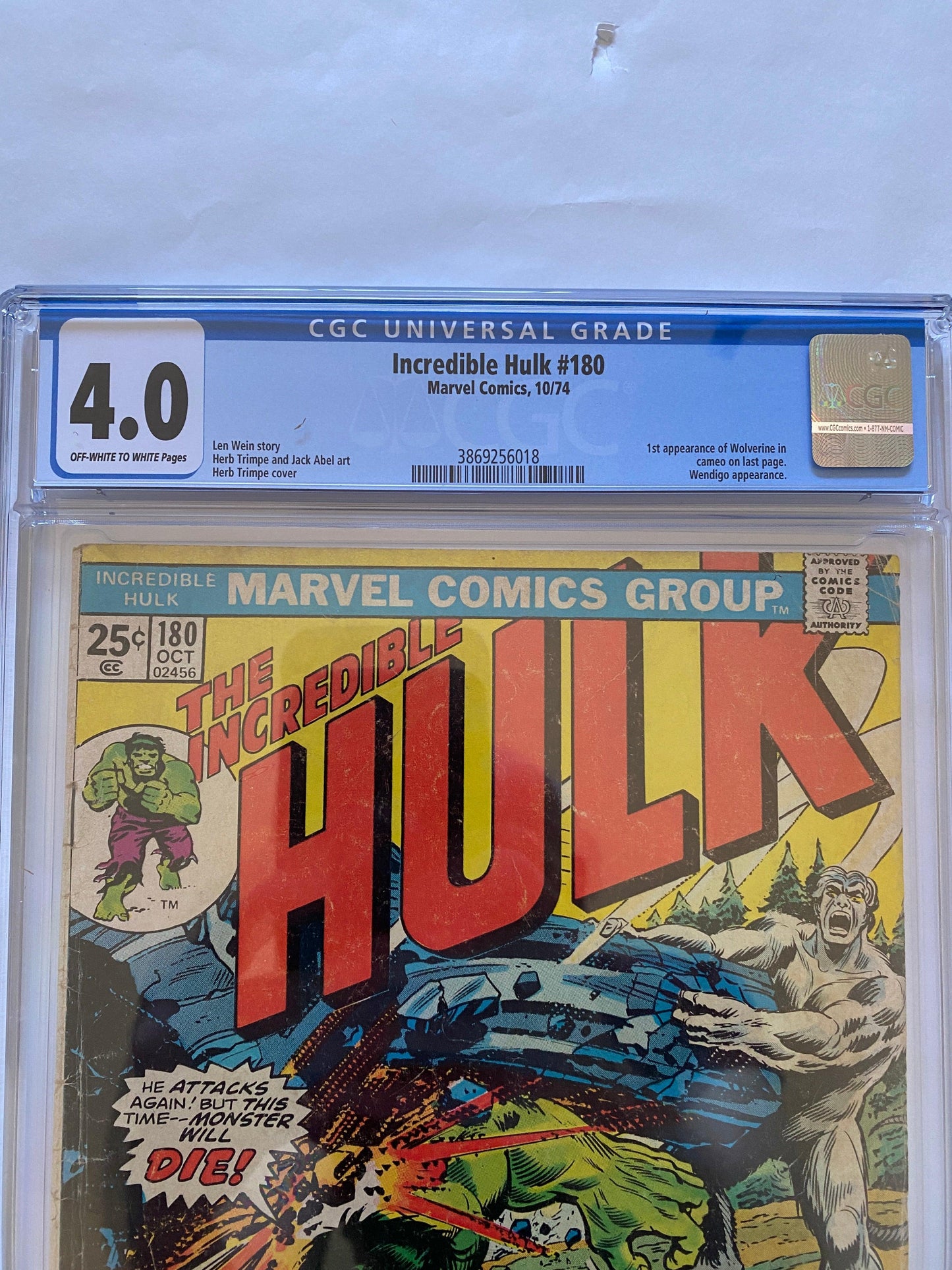 Incredible Hulk #180 CGC 4.0 Marvel 1974 Off White-White Pages Wolverine - Niks And Knacks