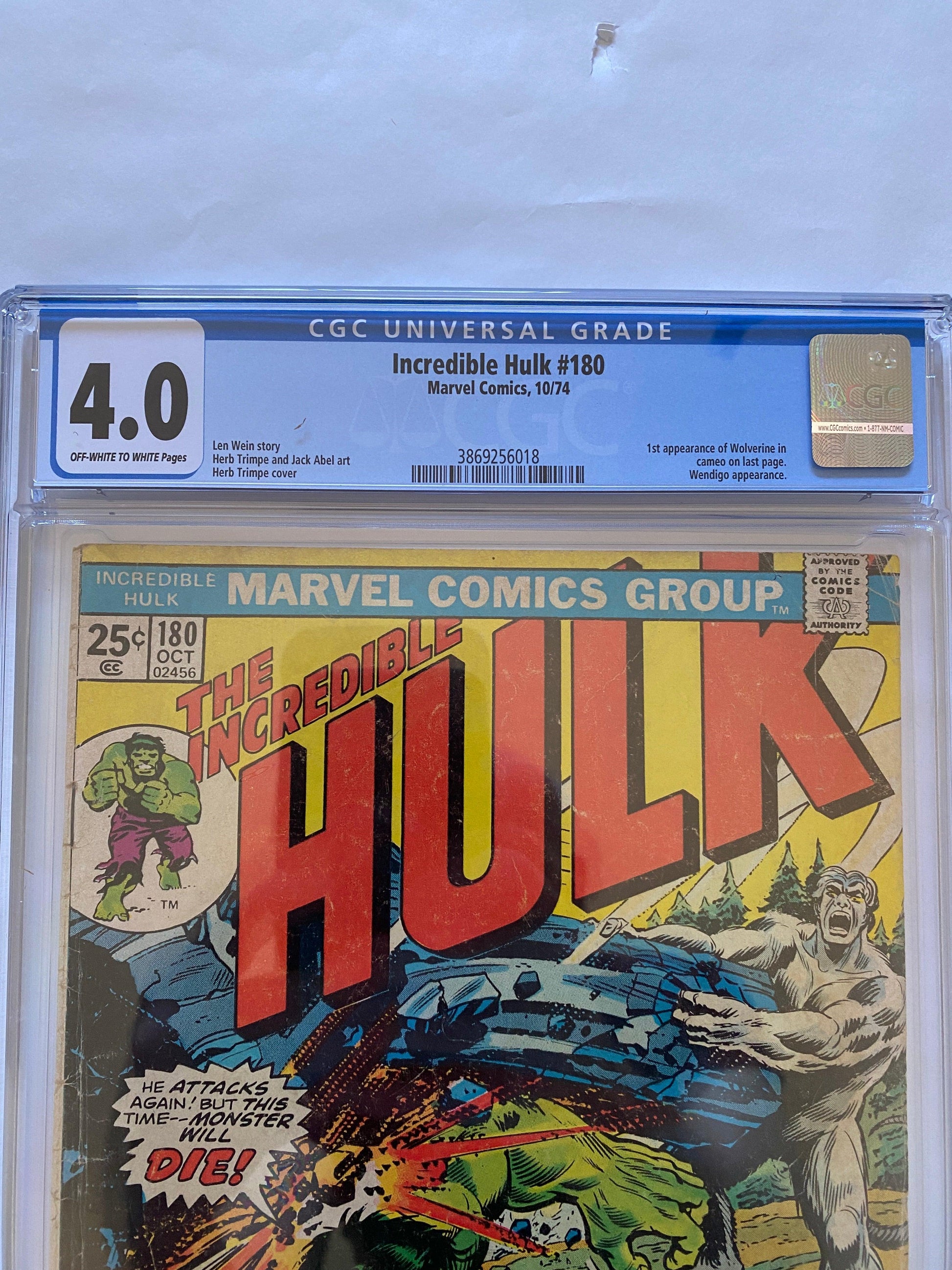 Incredible Hulk #180 CGC 4.0 Marvel 1974 Off White-White Pages Wolverine - Niks And Knacks