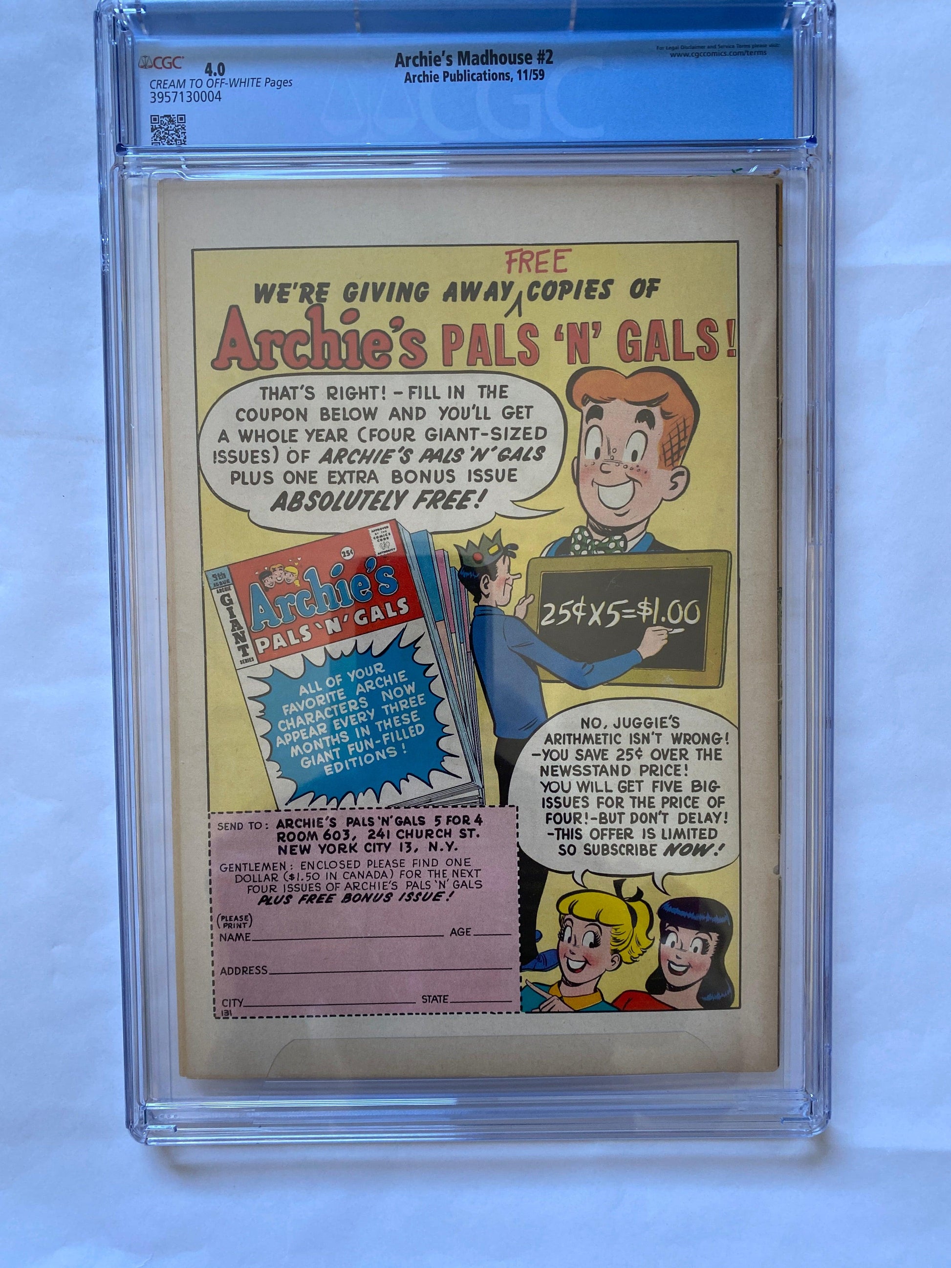 Archie's Madhouse #2 CGC 4.0, 1959 Graded Comic. - Niks And Knacks